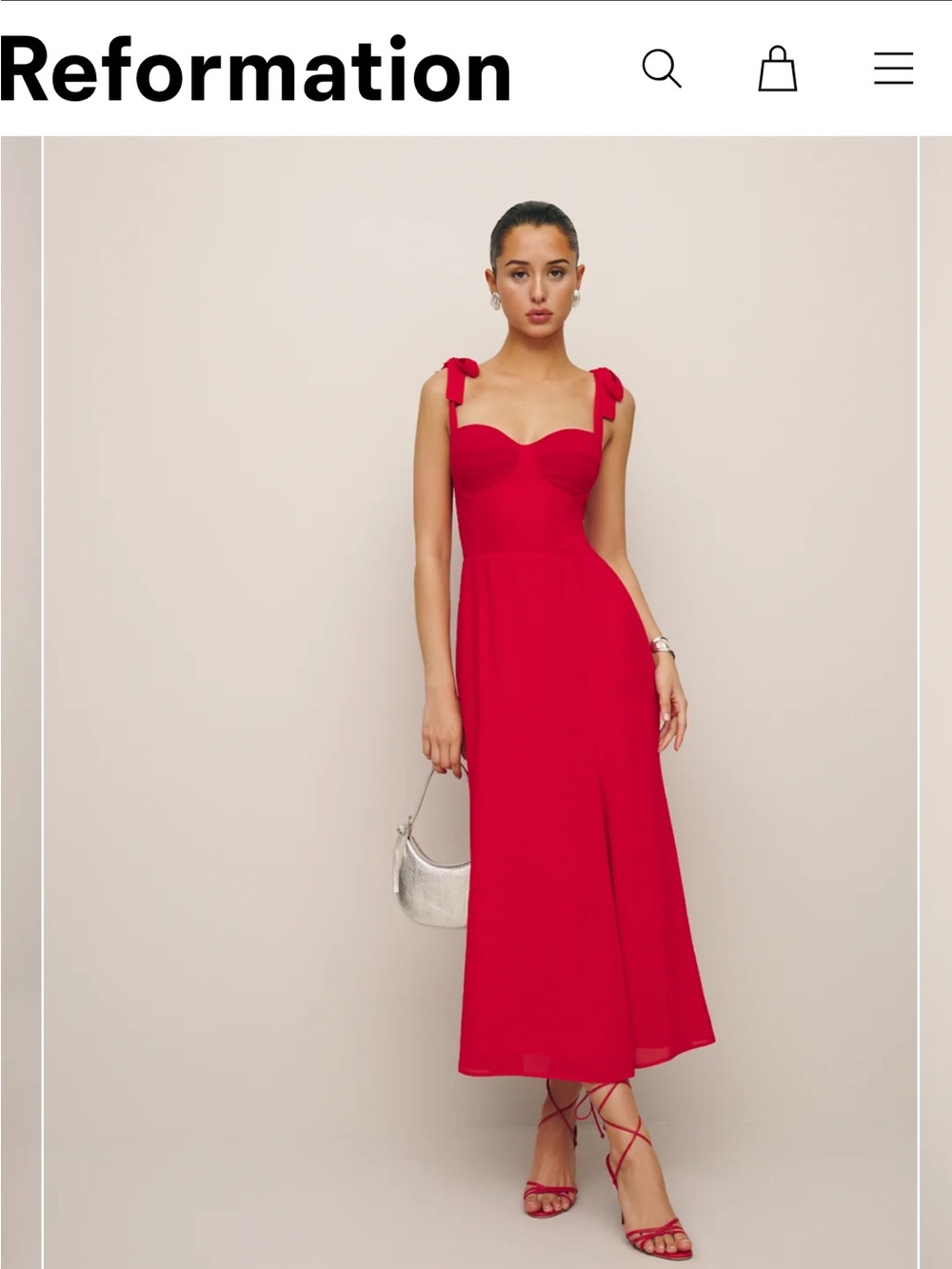 Reformation Bright Red Tie-Shoulder Midi Dress